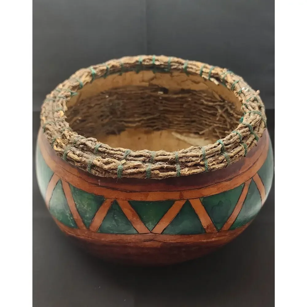 Natural Gourd Basket weaved twigs and hand painted